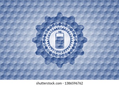 battery icon inside blue emblem or badge with abstract geometric pattern background.