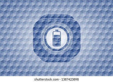 battery icon inside blue emblem with geometric pattern.
