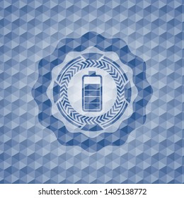 battery icon inside blue emblem or badge with geometric pattern background.