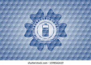 battery icon inside blue emblem or badge with abstract geometric pattern background.
