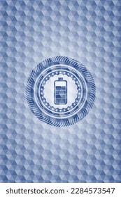 battery icon inside blue hexagon emblem. 