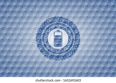 battery icon inside blue polygonal emblem.
