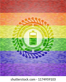 battery icon inside emblem on mosaic background with the colors of the LGBT flag