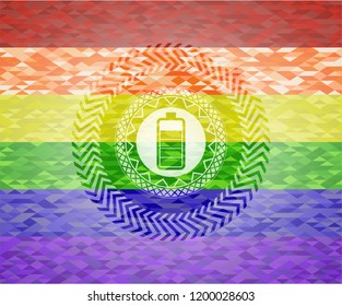 battery icon inside emblem on mosaic background with the colors of the LGBT flag