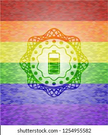 battery icon inside emblem on mosaic background with the colors of the LGBT flag