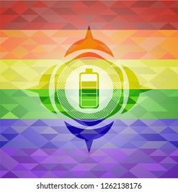 battery icon inside emblem on mosaic background with the colors of the LGBT flag