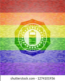 battery icon inside emblem on mosaic background with the colors of the LGBT flag