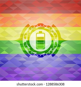 battery icon inside emblem on mosaic background with the colors of the LGBT flag