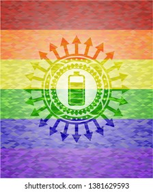 battery icon inside emblem on mosaic background with the colors of the LGBT flag