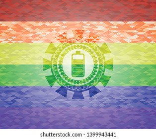 battery icon inside emblem on mosaic background with the colors of the LGBT flag