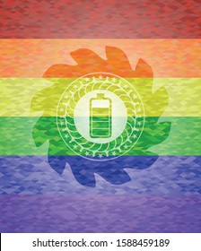 battery icon inside emblem on mosaic background with the colors of the LGBT flag