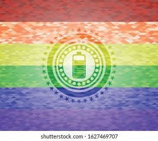 battery icon inside emblem on mosaic background with the colors of the LGBT flag