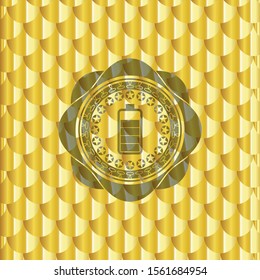 battery icon inside golden emblem or badge. Scales pattern. Vector Illustration. Detailed.