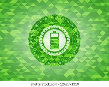 battery icon inside green emblem with mosaic ecological style background