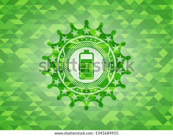 battery icon inside green emblem with triangle\
mosaic background