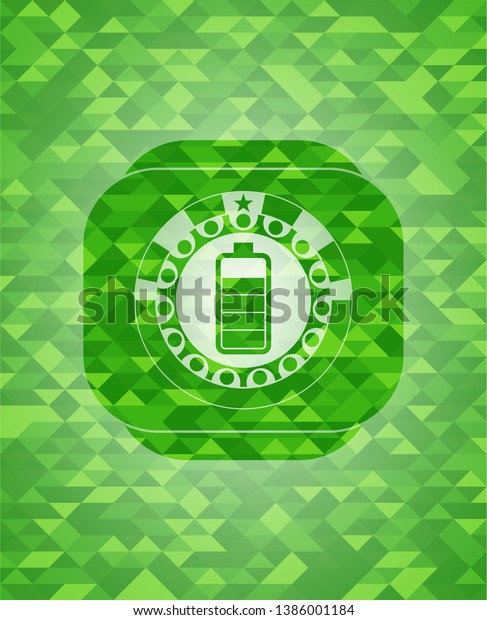 battery icon inside green emblem with mosaic
ecological style
background