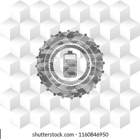 battery icon inside grey badge with geometric cube white background