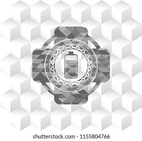 battery icon inside grey emblem. Vintage with geometric cube white background