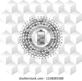 battery icon inside grey emblem. Vintage with geometric cube white background