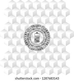 battery icon inside grey emblem with geometric cube white background