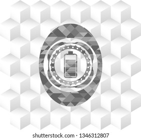 battery icon inside grey emblem. Retro with geometric cube white background