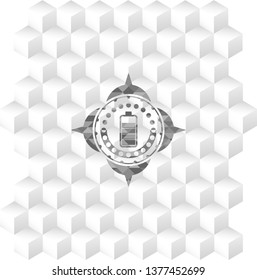 battery icon inside grey emblem with cube white background