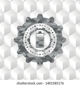 battery icon inside grey emblem. Retro with geometric cube white background