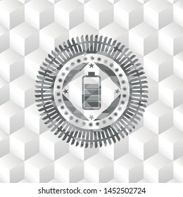 battery icon inside grey emblem. Retro with geometric cube white background