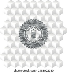 battery icon inside grey emblem. Retro with geometric cube white background