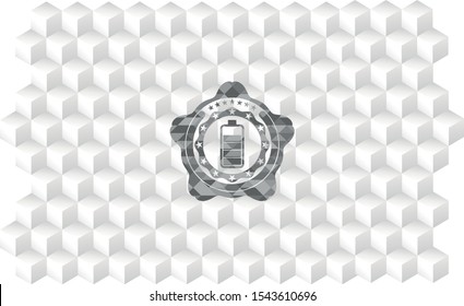 battery icon inside grey emblem. Vintage with geometric cube white background