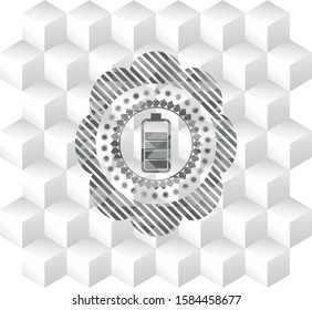 battery icon inside grey emblem with geometric cube white background