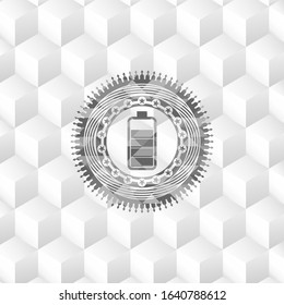 battery icon inside grey icon or emblem with geometric cube white background