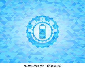 battery icon inside light blue emblem. Mosaic background
