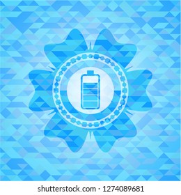 battery icon inside light blue emblem. Mosaic background