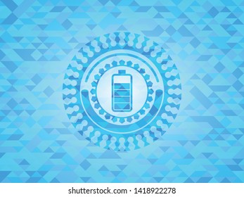 battery icon inside light blue emblem. Mosaic background