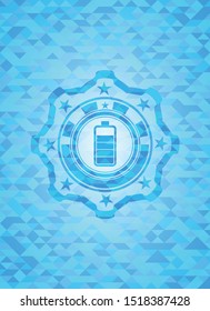 battery icon inside light blue emblem with triangle mosaic background