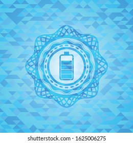 battery icon inside light blue emblem with mosaic background