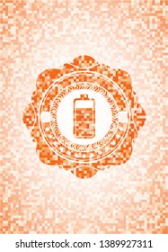 battery icon inside orange tile background illustration. Square geometric mosaic seamless pattern with emblem inside.