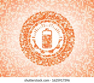 battery icon inside orange tile background illustration. Square geometric mosaic seamless pattern with emblem inside.