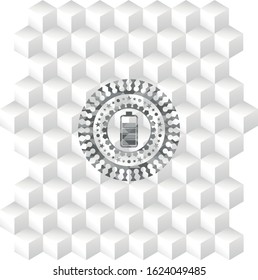 battery icon inside realistic grey emblem with cube white background
