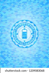 battery icon inside realistic light blue mosaic emblem