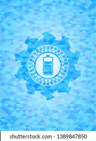 battery icon inside realistic light blue emblem. Mosaic background