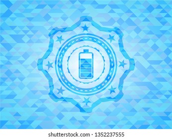 battery icon inside realistic sky blue emblem. Mosaic background