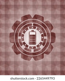 battery icon inside red emblem with geometric pattern. Seamless. 