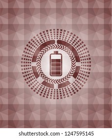 battery icon inside red seamless emblem or badge with geometric pattern background.