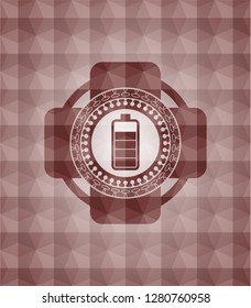 battery icon inside red seamless emblem or badge with abstract geometric polygonal pattern background.