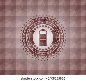 battery icon inside red seamless emblem or badge with abstract geometric pattern background.