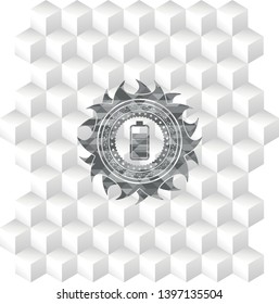 battery icon inside retro style grey emblem with geometric cube white background