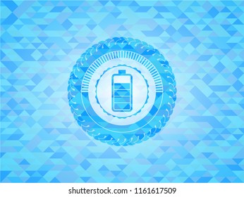 battery icon inside sky blue emblem with mosaic background