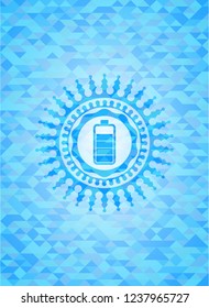 battery icon inside sky blue emblem. Mosaic background